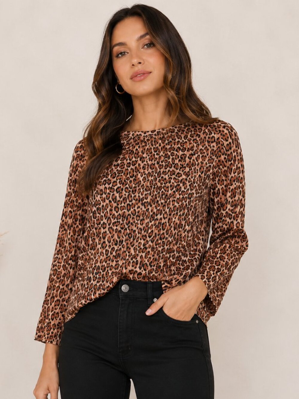 Zara Animal Print Pleated Top Womens Size M Leopard Long Sleeve Blouse Chic NEW